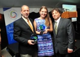 Peacebuilder Award recipients David Lehrer of the Arava Institute for Environmental Studies, left, and BlinkNow founder and CEO Maggie Doyne, center, with CRCC Acting Director Jonathan Golden, right.